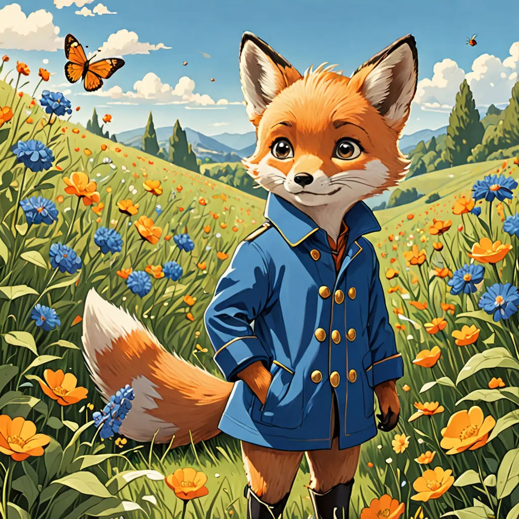a painting of a fox in a field of flowers and a butterfly flying overhead, with a blue jacket on, furry art, a storybook illustration, Aaron Jasinski, official art