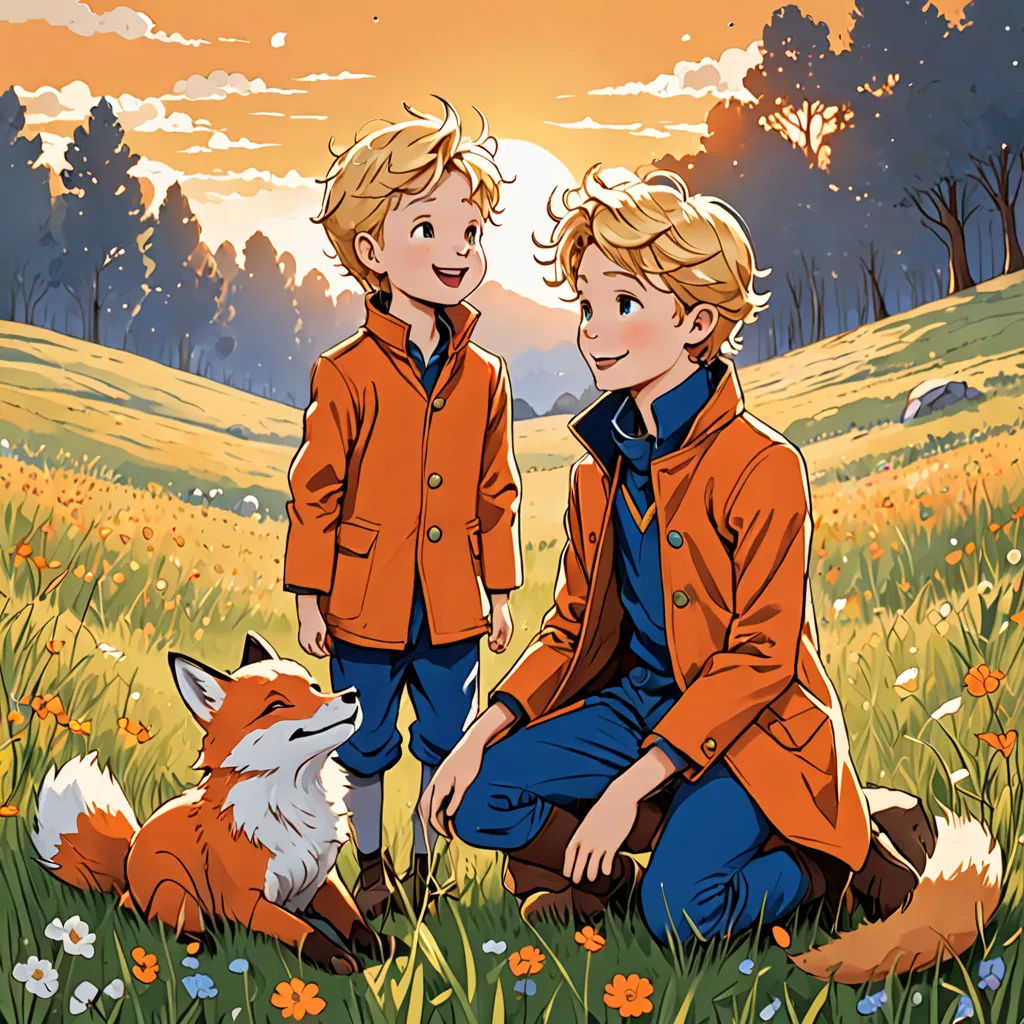 a couple of kids sitting on top of a grass covered field next to a fox and a dog on a field, furry art, a comic book panel, Brothers Hildebrandt, official art