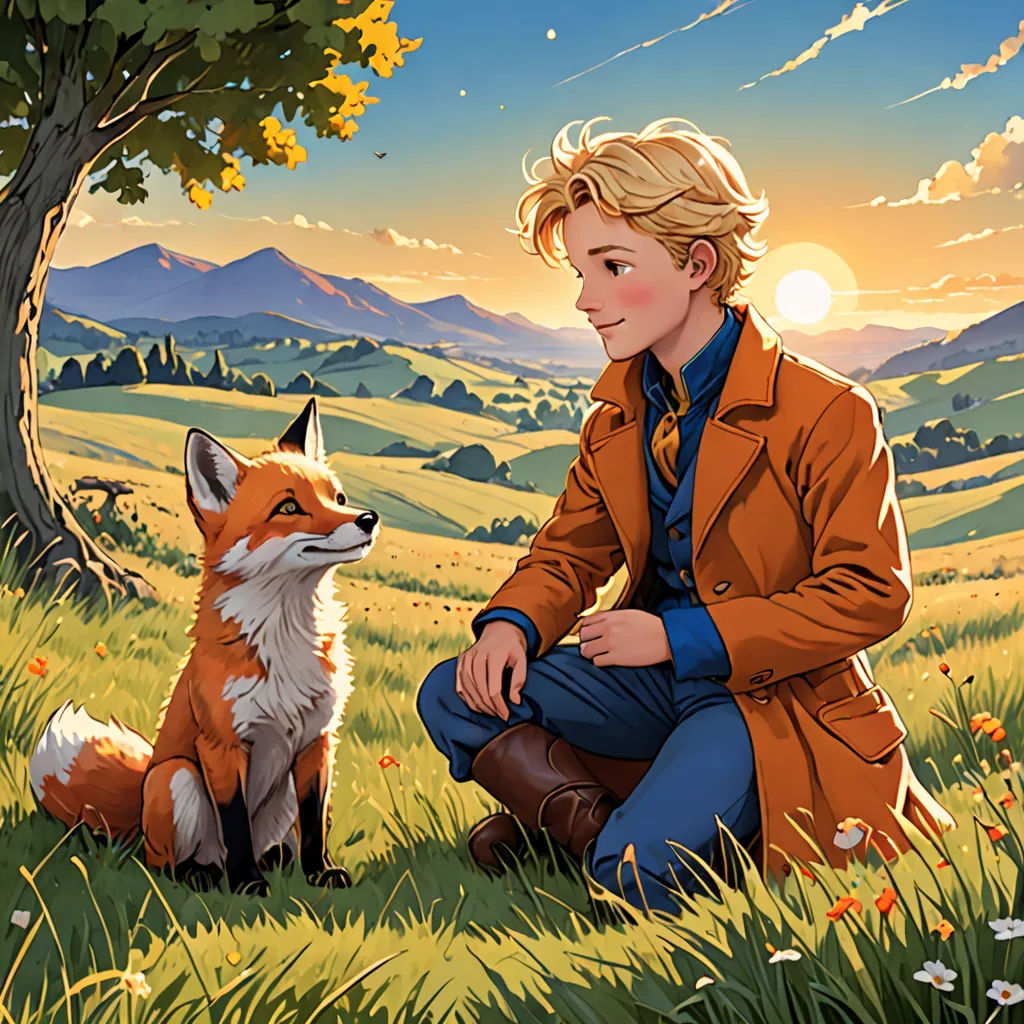 a boy sitting in the grass next to a fox and a tree with a sunset in the background and a mountain range in the background, furry art, a storybook illustration, Cliff Childs, official art