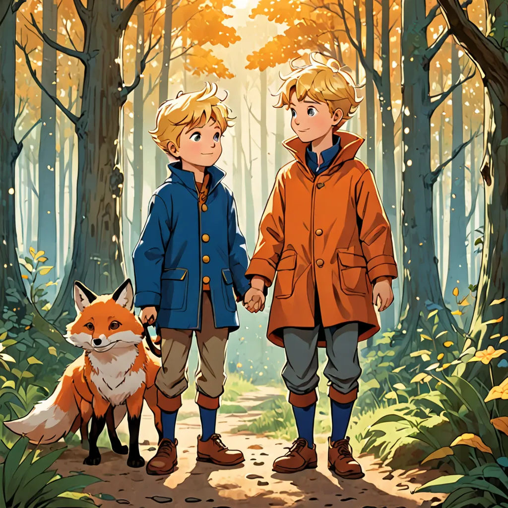 two children are standing in the woods holding hands and looking at the fox and the fox cub are standing behind them, furry art, a storybook illustration, Brothers Hildebrandt, official art
