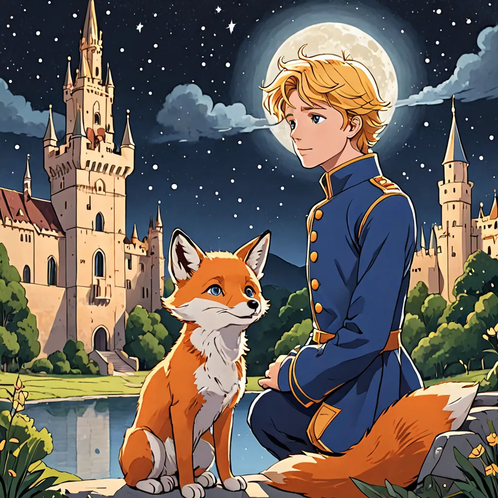 a boy in a blue uniform sitting next to a fox in front of a castle at night with a full moon, fantasy art, a storybook illustration, Caspar Wolf, official art
