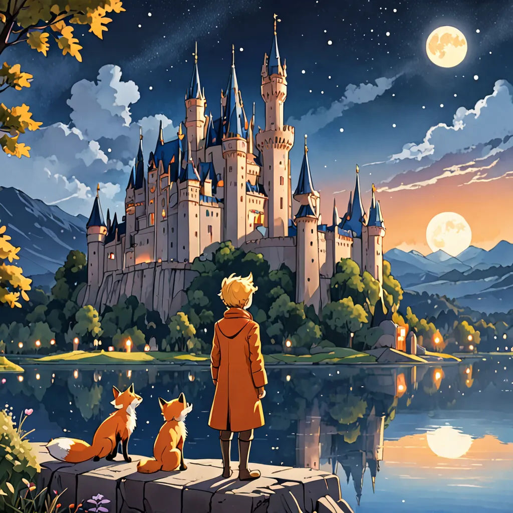 a person standing on a rock looking at a castle with a fox sitting on it's side and a fox sitting on the ground, fantasy art, a storybook illustration, disney, official art