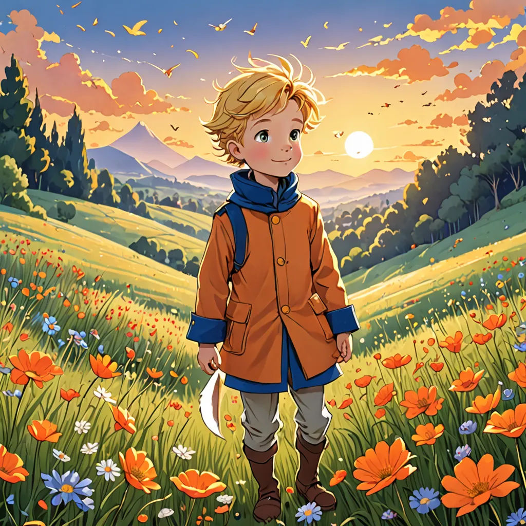 a boy standing in a field of flowers with a bird flying overhead in the background of the painting,, fantasy art, a storybook illustration, Cliff Childs, official art
