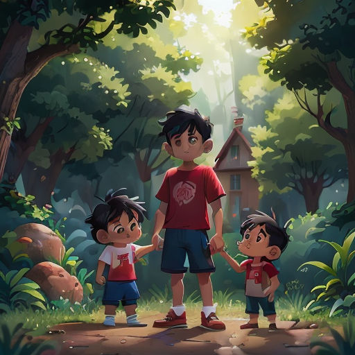 a group of children standing in the middle of a forest holding hands and looking at something in the distance