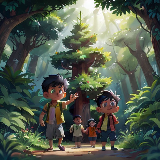 a group of children standing in the middle of a forest with a tree in the background and a sun shining through the trees