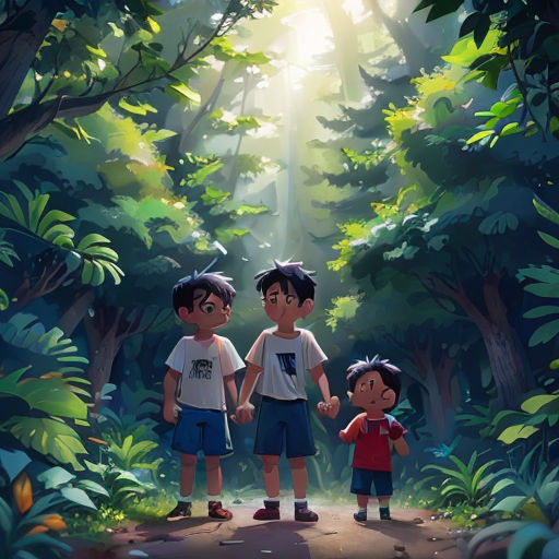 three children standing in the middle of a forest holding hands and looking at the camera with a bright light shining through the trees