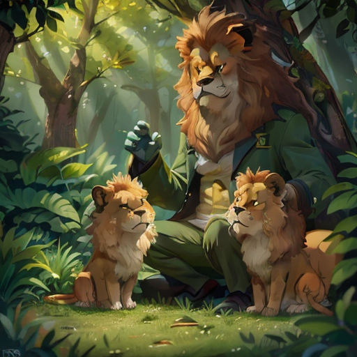 a man sitting on a tree surrounded by lions in the forest with a green jacket and hat on,