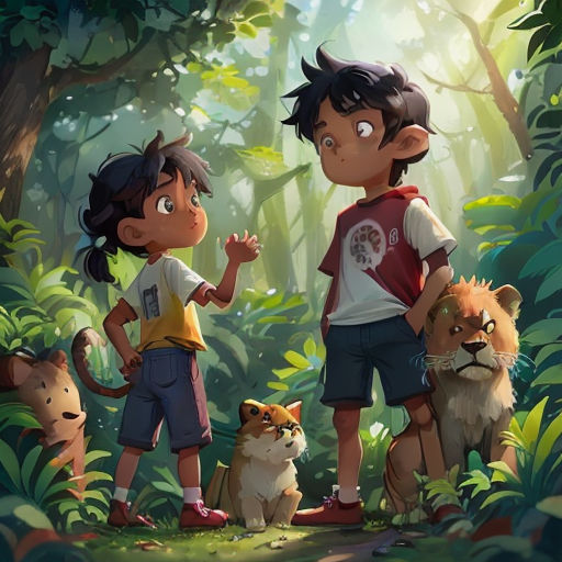two children standing in the middle of a forest with animals around them and a dog standing next to them