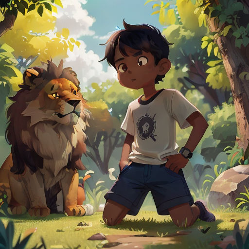 a boy standing next to a lion in a forest with trees and rocks in the background, with a lion behind him