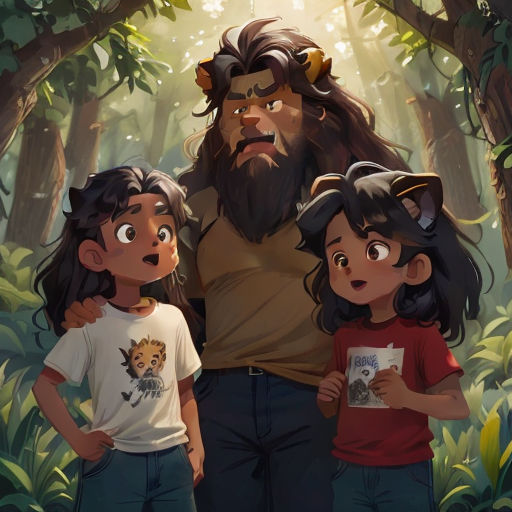 a man and two children standing in the woods with a giant man behind them and a forest background with trees