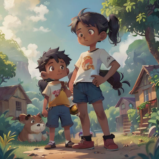 a boy and a girl standing in the middle of a forest with a dog and a house in the background