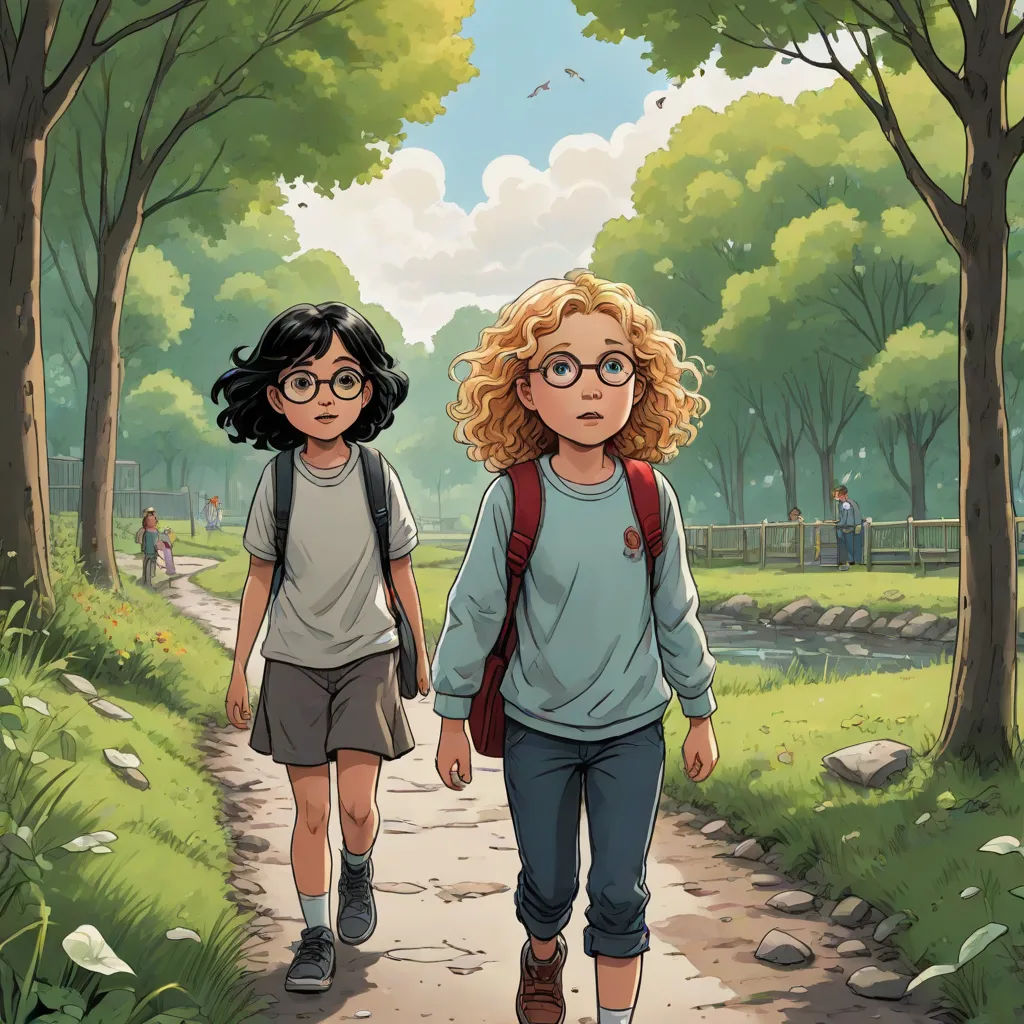 two children walking down a path in a park with trees and grass on either side of them, with a girl with glasses on her head, a comic book panel, David Park, process art, comic cover art