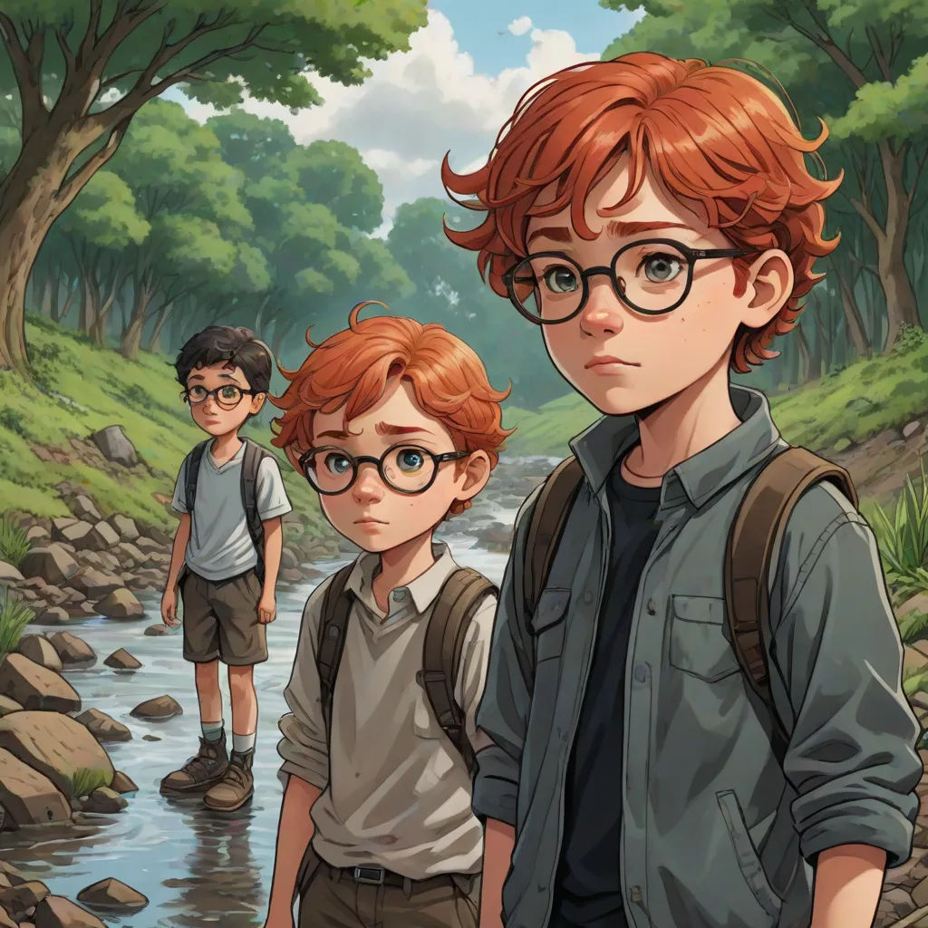 a boy and a boy with glasses standing in front of a river with rocks and trees in the background, concept art, Brothers Hildebrandt, sots art, official art