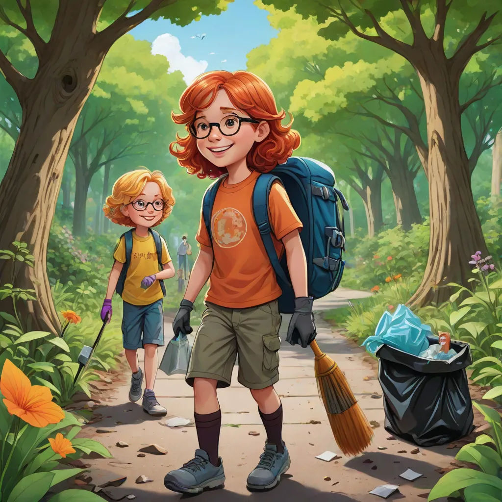 a boy and a girl are walking through the woods with a broom and a backpack on their shoulders and a trash can in the background, a storybook illustration, Aaron Jasinski, american scene painting, official art