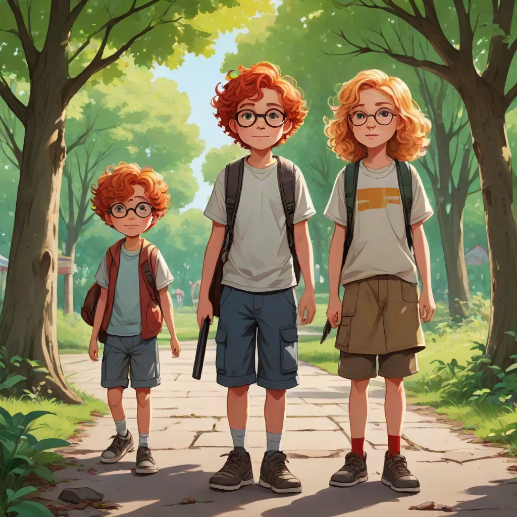 three children standing on a path in a park with trees and grass behind them, with a boy with glasses and a girl with red hair and a backpack, concept art, Brothers Hildebrandt, serial art, cushart krenz