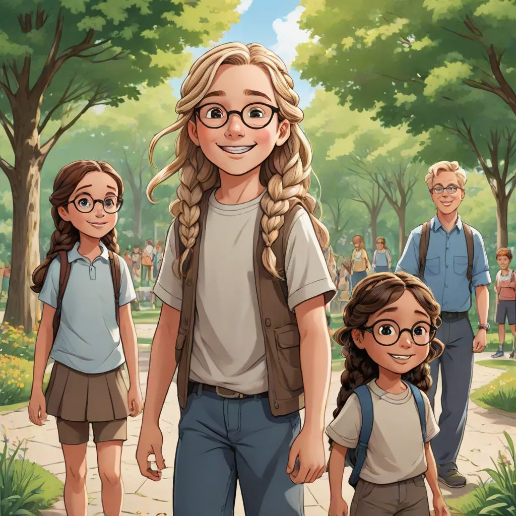 a cartoon of a girl with glasses and a braid walking with two other children in a park with trees, a storybook illustration, Ada Gladys Killins, magical realism, official art
