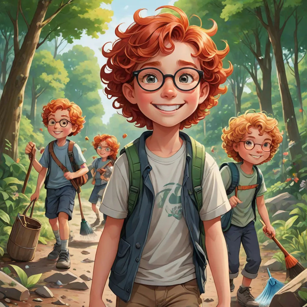 a boy with red hair and glasses is walking through the woods with other boys and a broom in his hand, a storybook illustration, Aaron Jasinski, sots art, comic cover art
