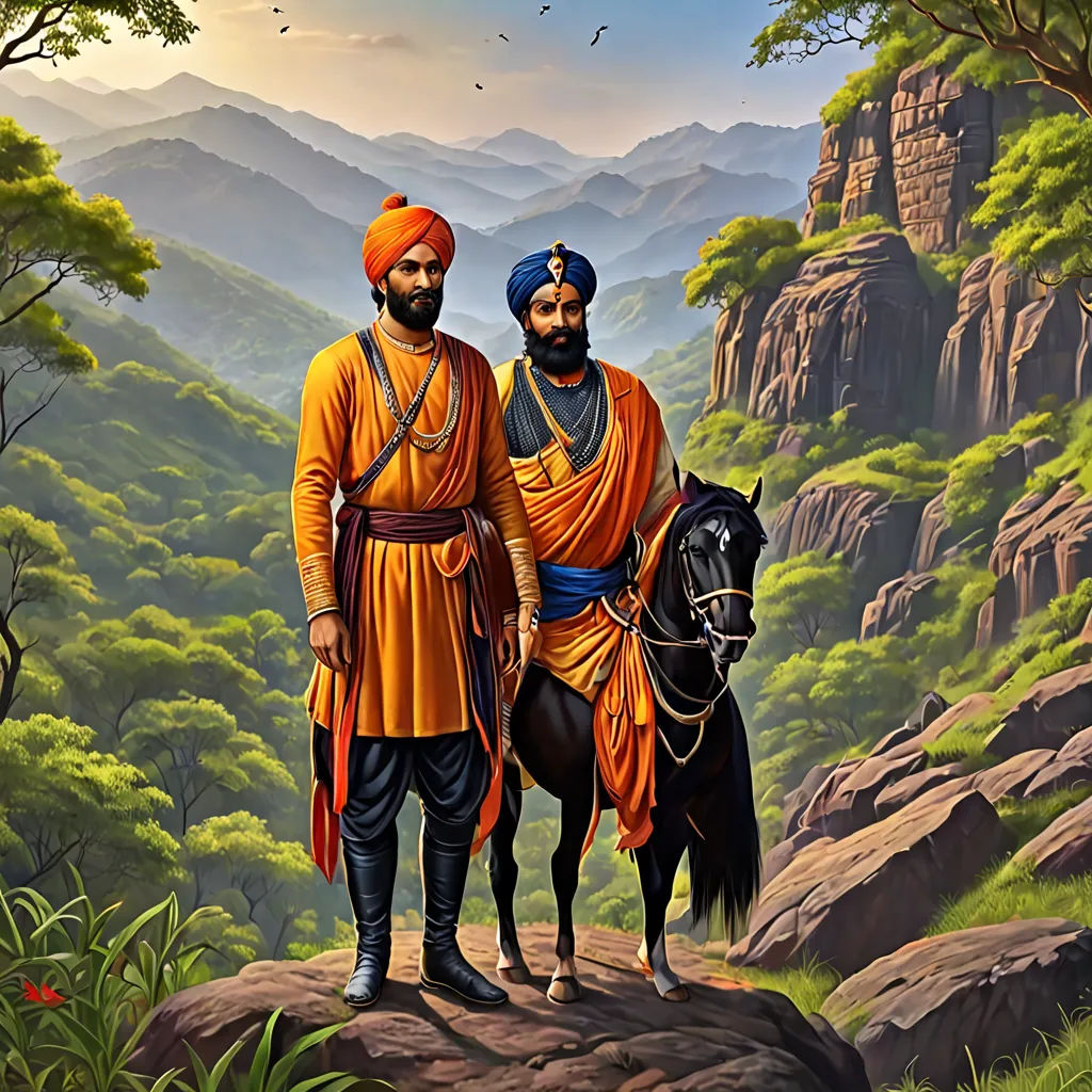 a painting of two men in indian garb standing on a horse in a mountainous area with trees and rocks, samikshavad, a detailed painting, Brothers Hildebrandt, professional digital painting