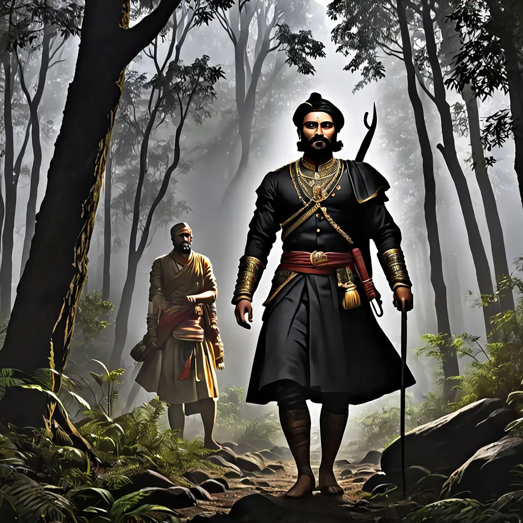 a painting of two men in a forest with trees and rocks in the background, one of them is wearing a black uniform, samikshavad, a detailed matte painting, Bholekar Srihari, promotional image