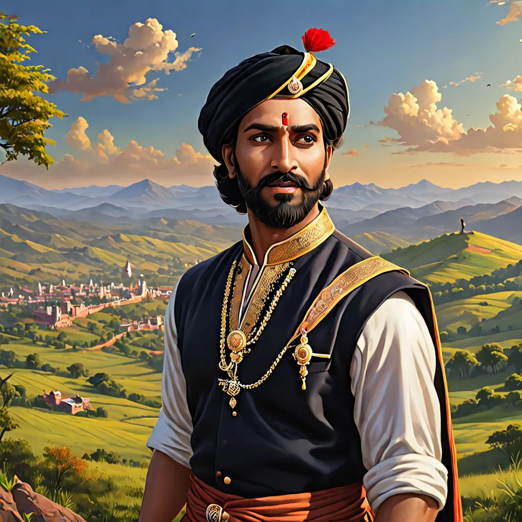 a painting of a man in a turban and a red rose in his hair, standing in front of a scenic landscape, samikshavad, a detailed painting, Bholekar Srihari, game art