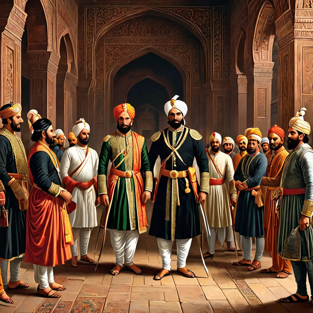 a painting of a group of men in indian garb standing in a courtyard with a man in a turban, bengal school of art, a detailed painting, Bholekar Srihari, detailed painting