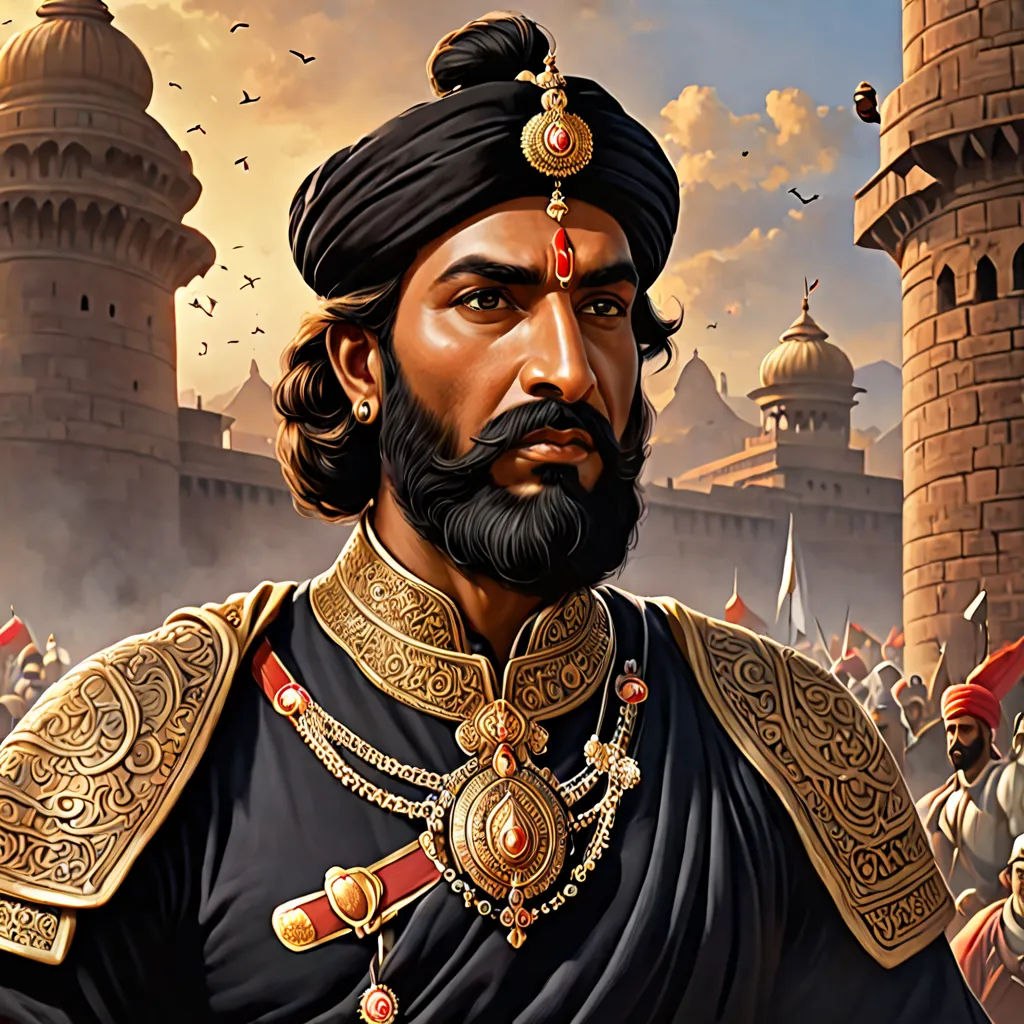 a painting of a man in a turban and a beard with a beard and mustache in front of a castle, samikshavad, a detailed painting, Bholekar Srihari, detailed painting