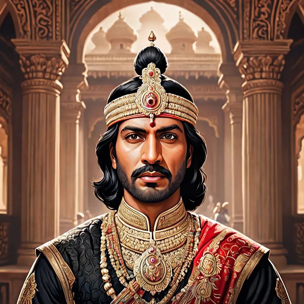 a man in a black and red outfit with a beard and a gold crown on his head and a red and gold outfit, samikshavad, a character portrait, Bholekar Srihari, official art