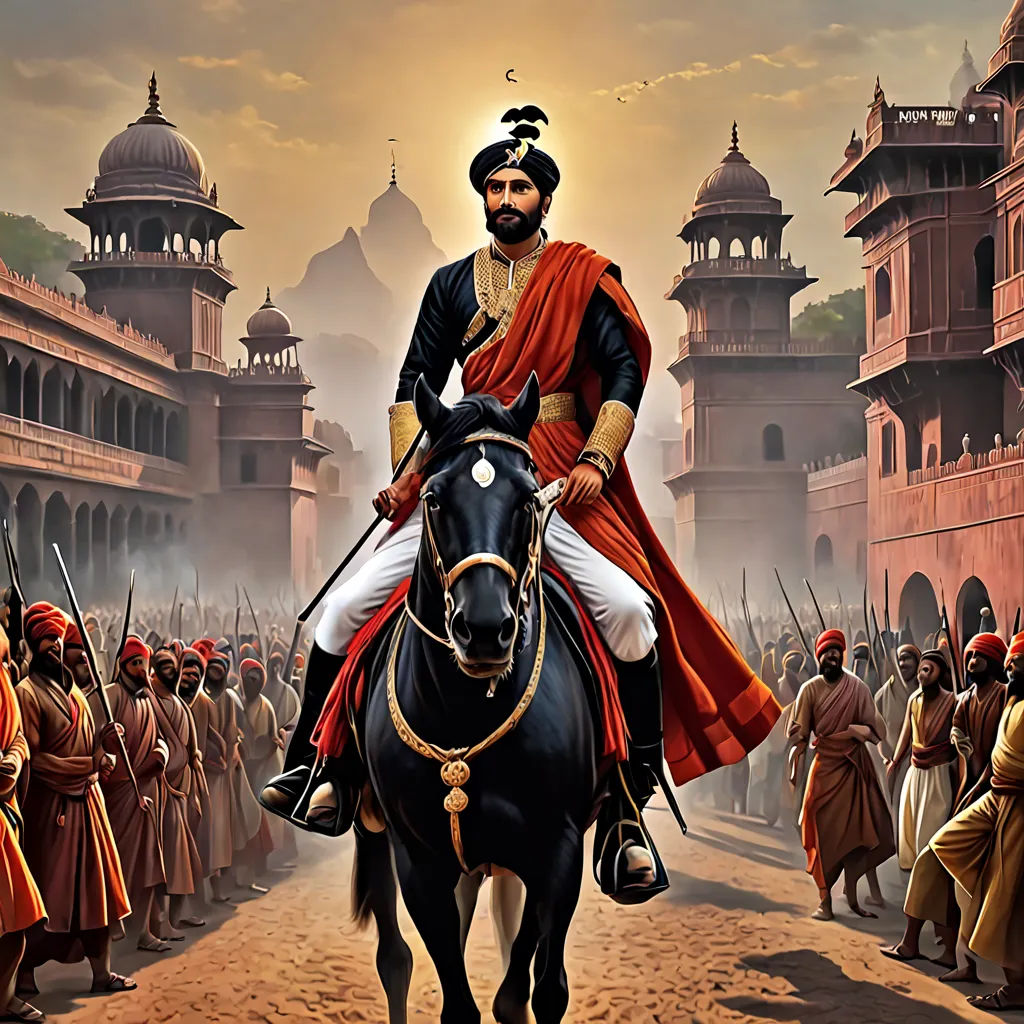 a painting of a man riding a horse in front of a crowd of people in india, with a man on the back of a horse, samikshavad, a detailed matte painting, Bholekar Srihari, official art