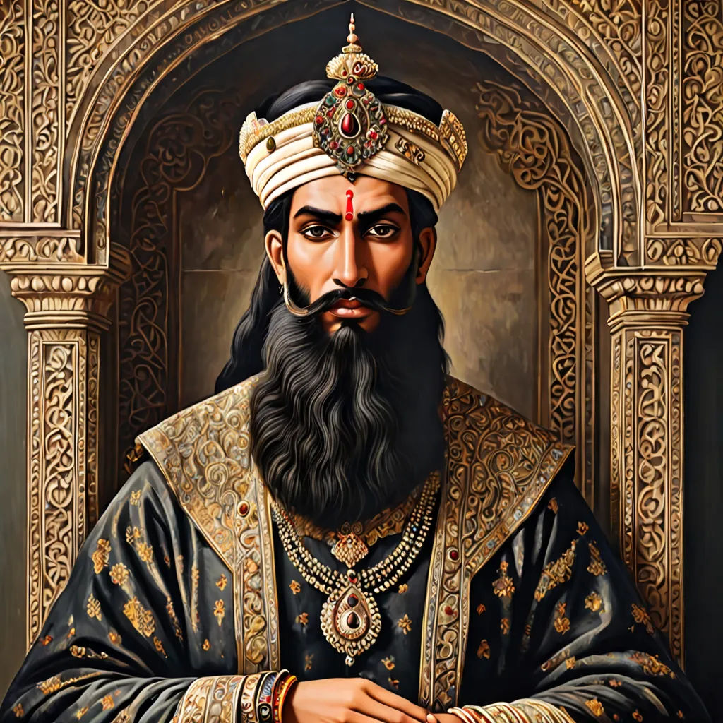 a painting of a man with a beard and a crown on his head and a gold and black outfit, samikshavad, a detailed painting, Bholekar Srihari, professional digital painting
