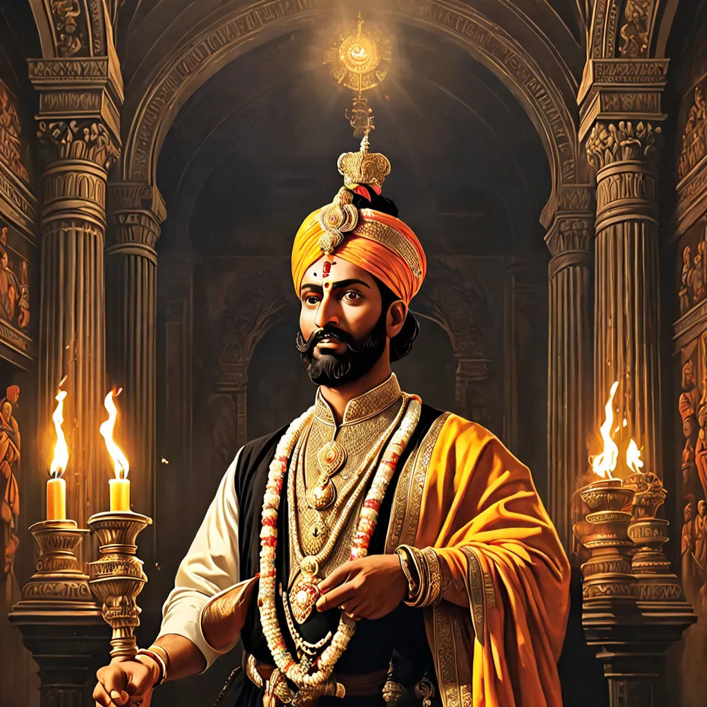 a man in a turban holding a lit candle in a room with pillars and pillars in the background, samikshavad, a detailed painting, Bholekar Srihari, highly detailed digital painting