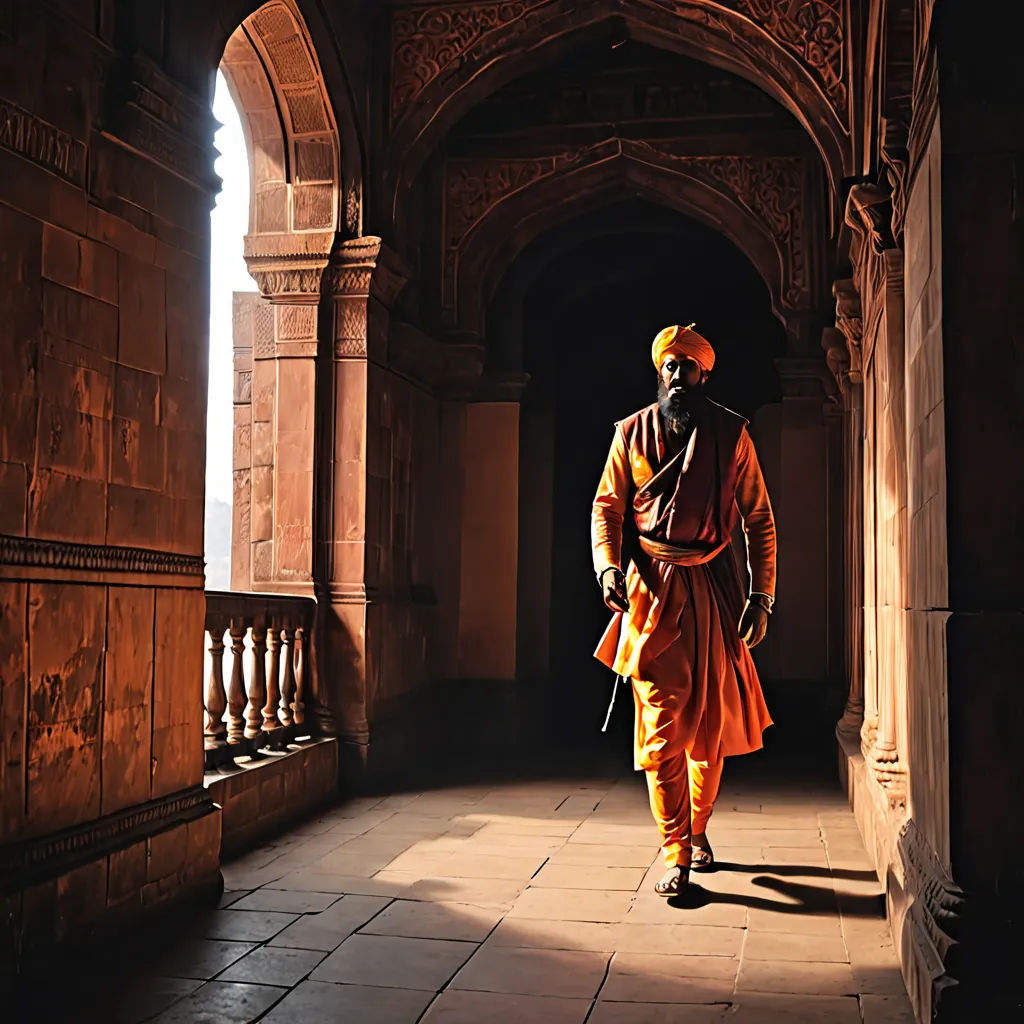 a man in a turban walks through a hallway in a building with arches and arches on either side, samikshavad, a detailed matte painting, Bholekar Srihari, cinematic photography