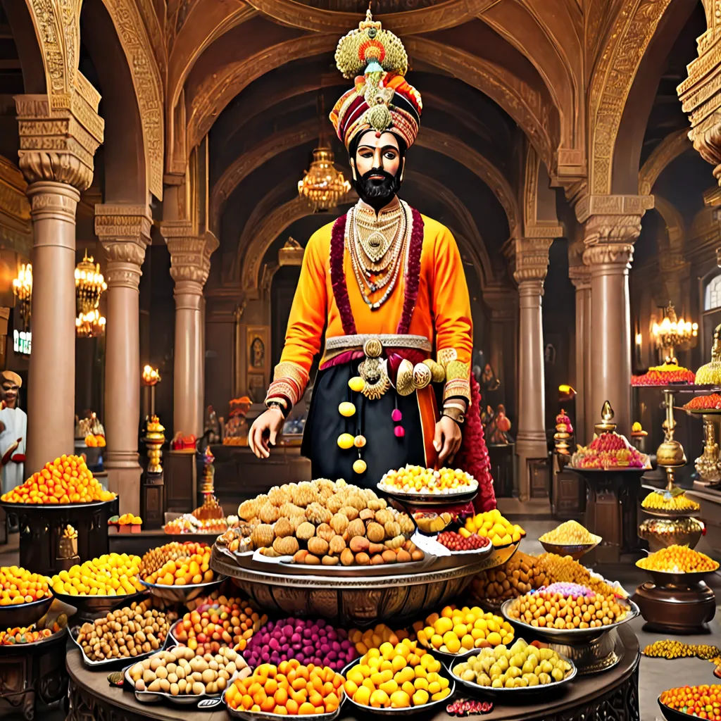 a man in a turban standing in front of a display of food in a building with columns, samikshavad, a detailed matte painting, Bholekar Srihari, regal