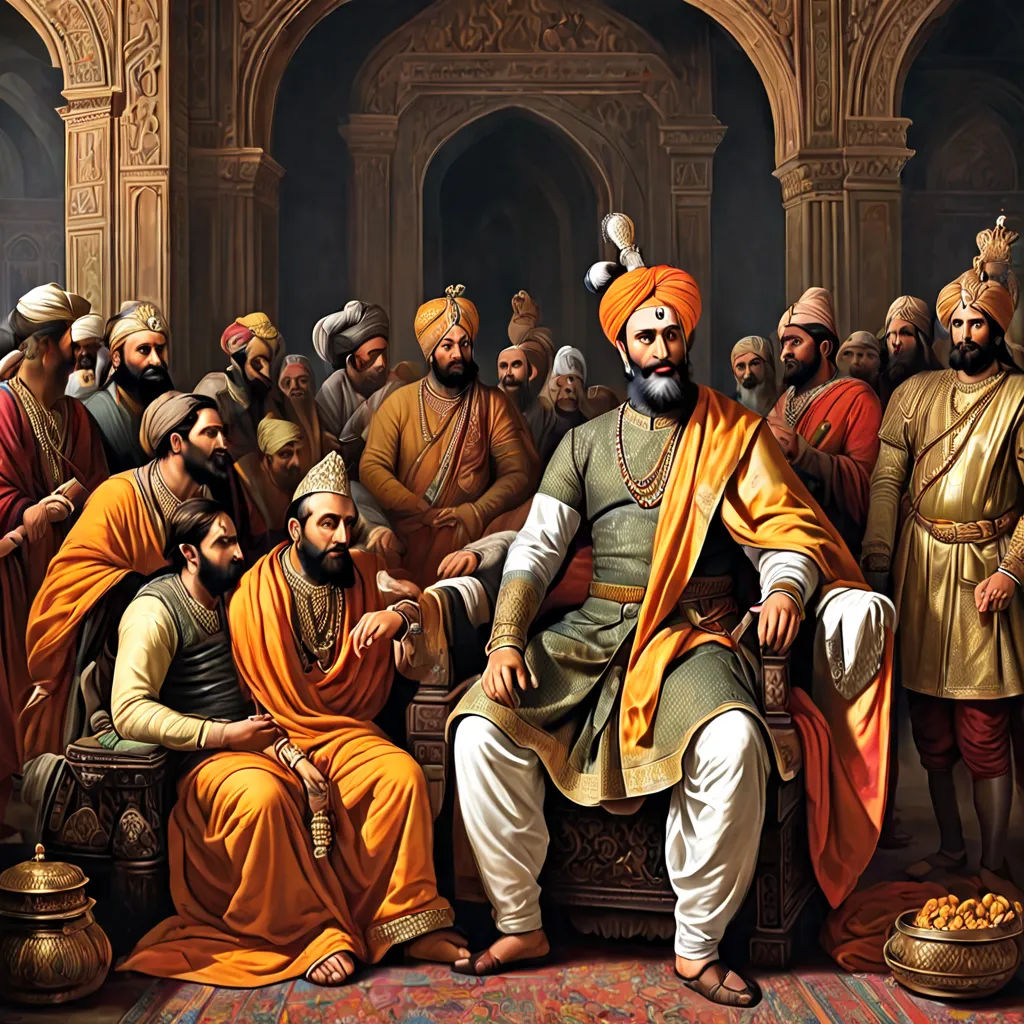 a painting of a man in a yellow outfit surrounded by other men in orange outfits and turbans, bengal school of art, a detailed painting, Bholekar Srihari, orange