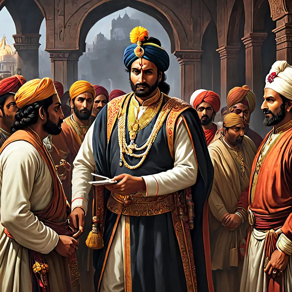a painting of a man in a turban standing in front of a group of men in turbans, samikshavad, a detailed painting, Bholekar Srihari, highly detailed digital painting