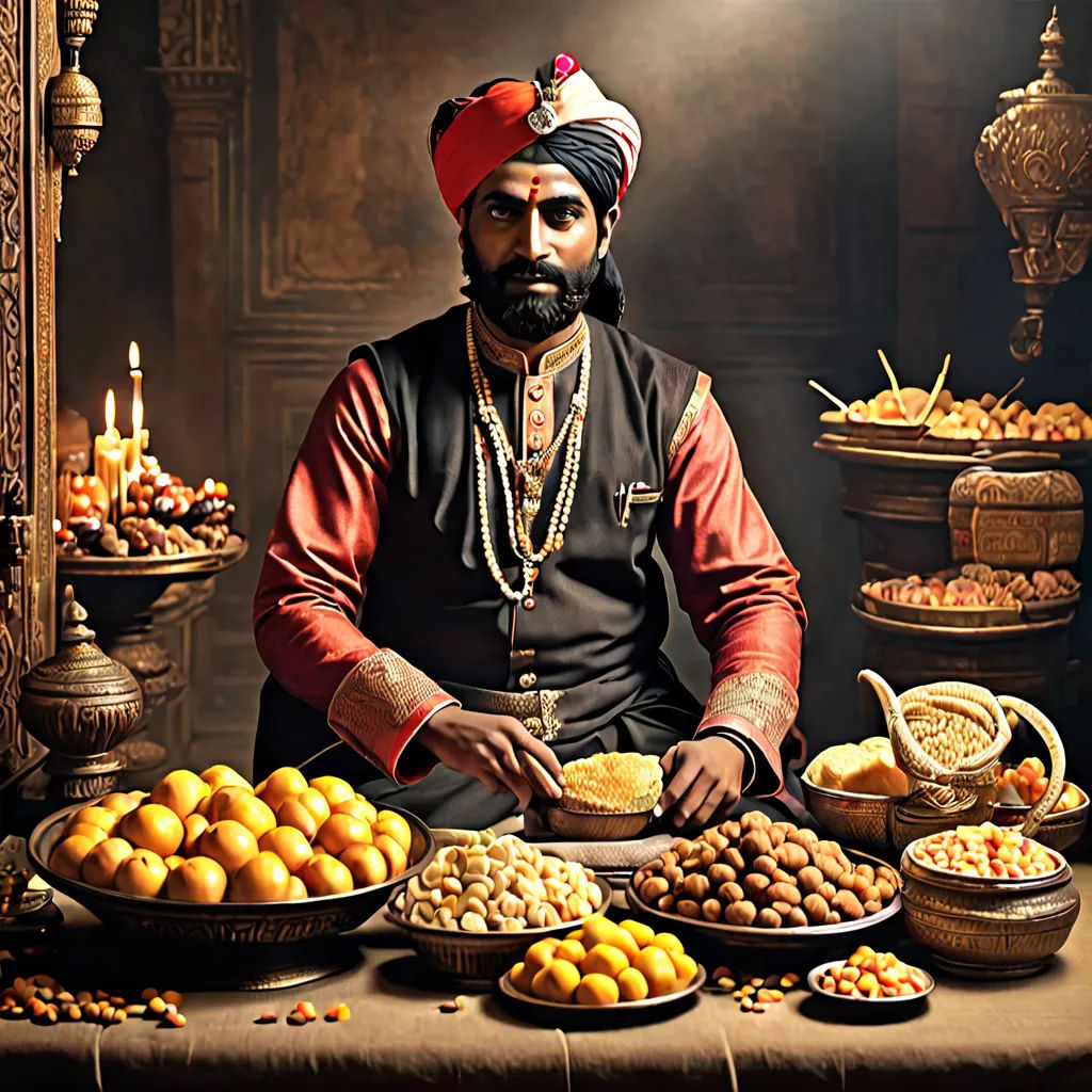 a man in a turban is standing in front of a table of food and a candle lit room, samikshavad, a photorealistic painting, Bholekar Srihari, food photography