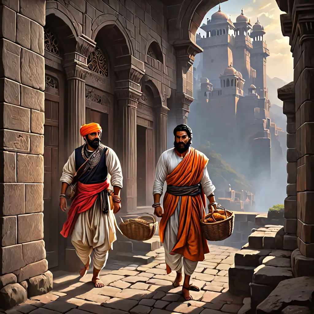two men walking down a street carrying baskets of food in their hands and a castle in the background with fog, fantasy art, a detailed matte painting, Christophe Vacher, highly detailed digital painting