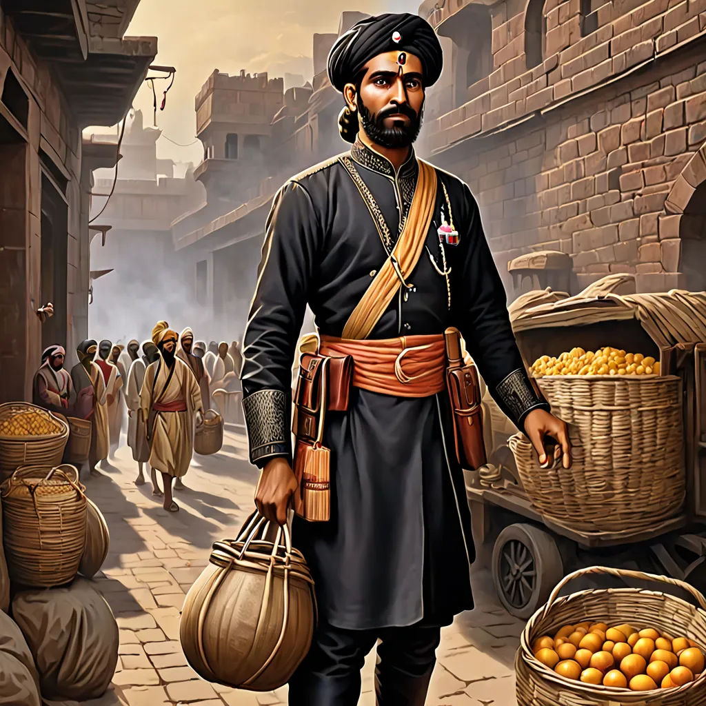 a painting of a man in a turban carrying a basket of oranges in a street with other people, samikshavad, a detailed matte painting, Bholekar Srihari, highly detailed digital painting