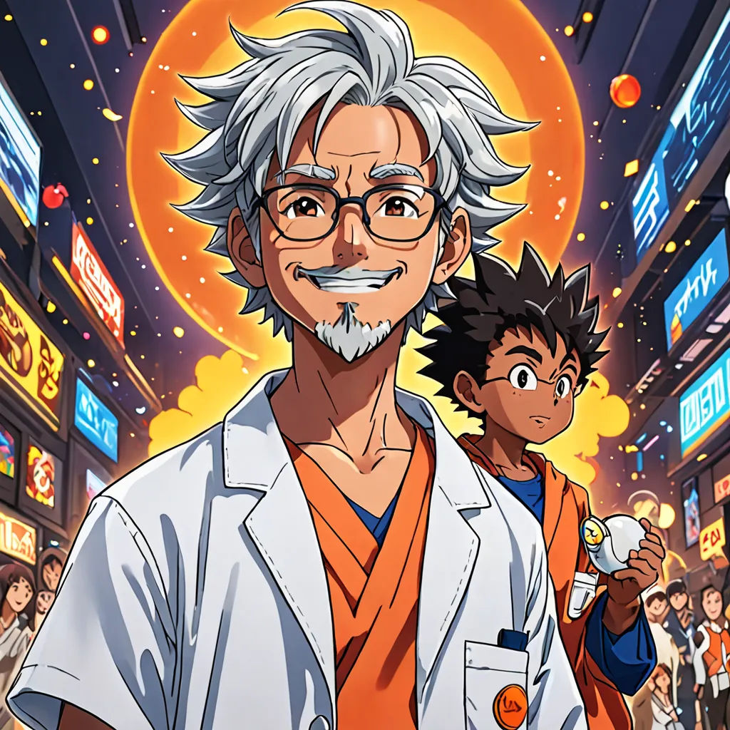 a man with glasses and a white beard standing next to a boy in a white lab coat and orange shirt, rayonism, poster art, David Brewster, official art