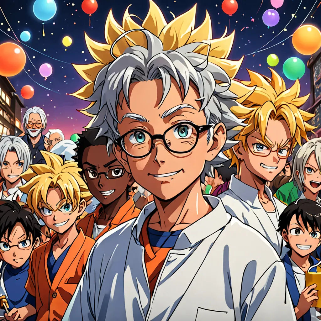 a group of people standing next to each other in front of a sky filled with balloons and balloons floating, rayonism, an album cover, Baiōken Eishun, official art