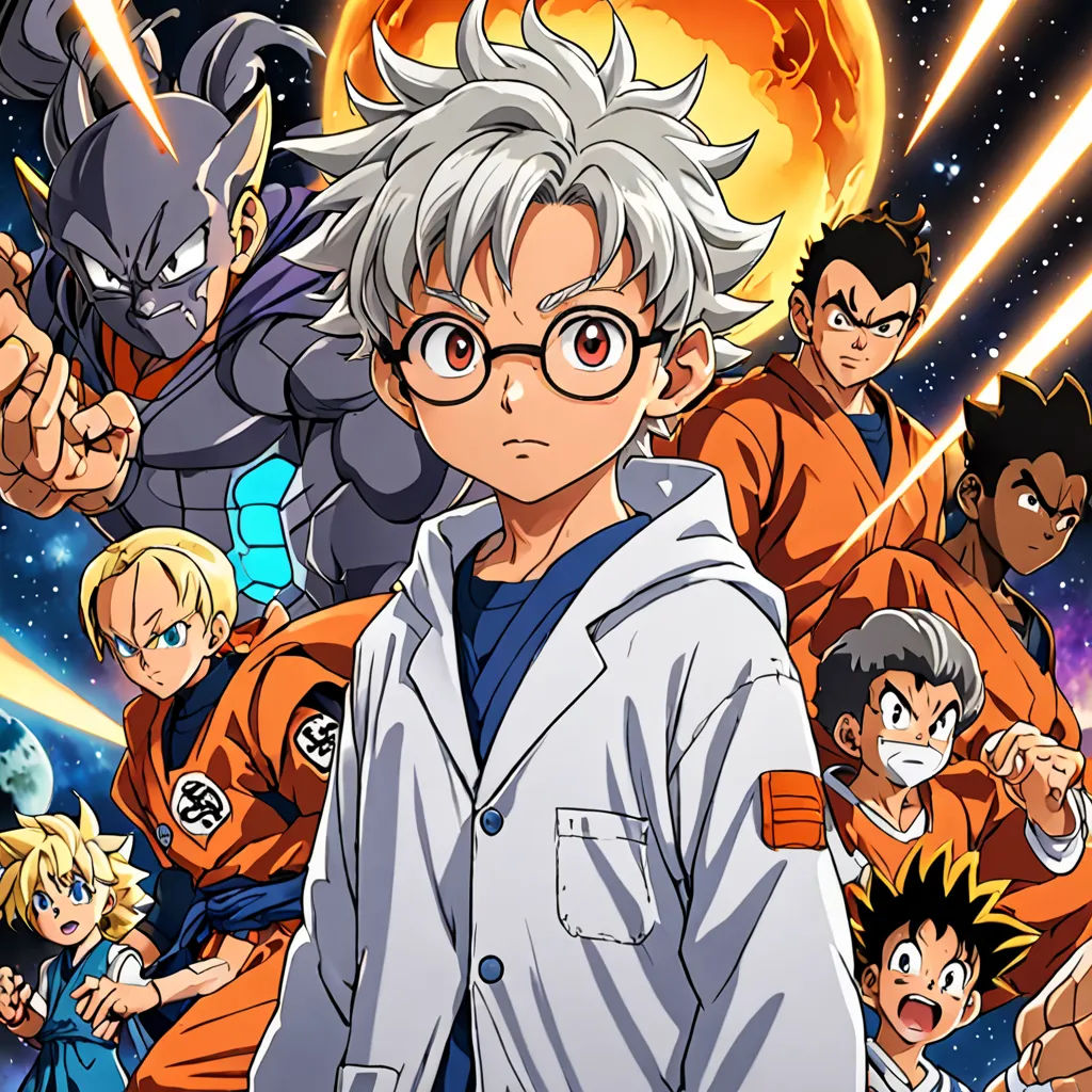 a group of anime characters with a full moon in the background and a man in a white coat and glasses, les nabis, poster art, Akira Toriyama, anime key visual