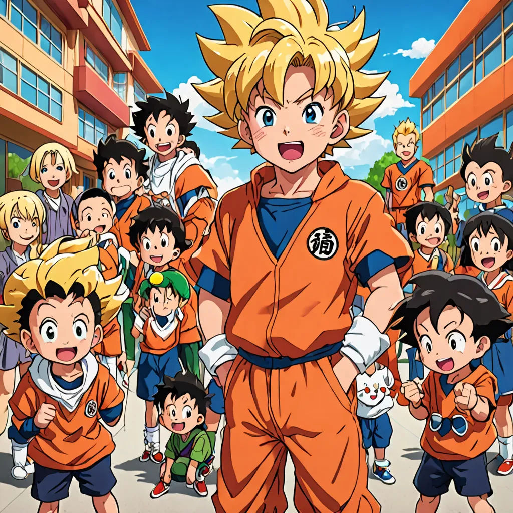 a group of young boys standing next to each other in front of a building with a boy in an orange uniform, les nabis, a manga drawing, Akira Toriyama, official art