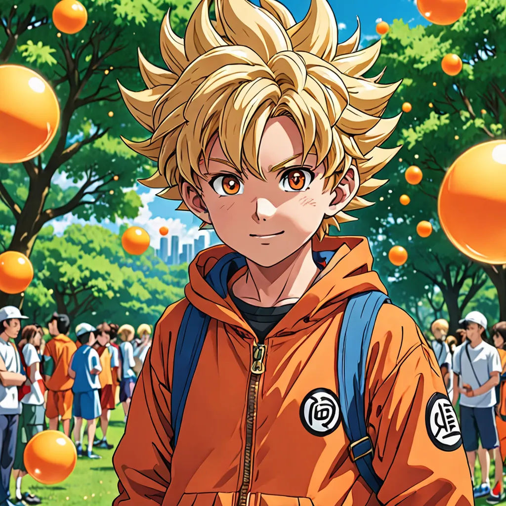 a man with blonde hair and a backpack standing in front of a crowd of people in orange outfits and orange balloons, rayonism, a manga drawing, Akira Toriyama, official art