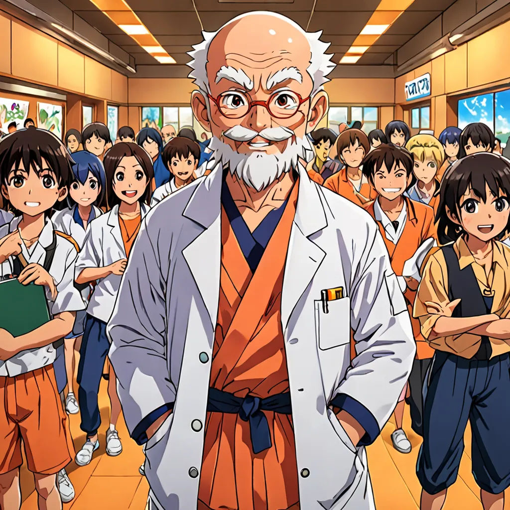 an old man with a white beard and glasses standing in front of a group of children in a school, rayonism, concept art, Eizan Kikukawa, official art