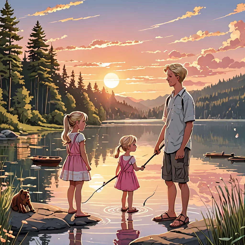 a man and two little girls standing on a rock by a lake with a dog on a leash and a man holding a stick, american scene painting, a storybook illustration, Brothers Hildebrandt, official art