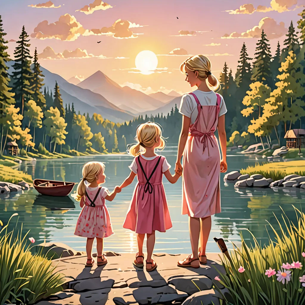 a painting of two girls holding hands while walking towards a lake with a boat on it and a mountain in the background, german romanticism, a storybook illustration, Brothers Hildebrandt, official art