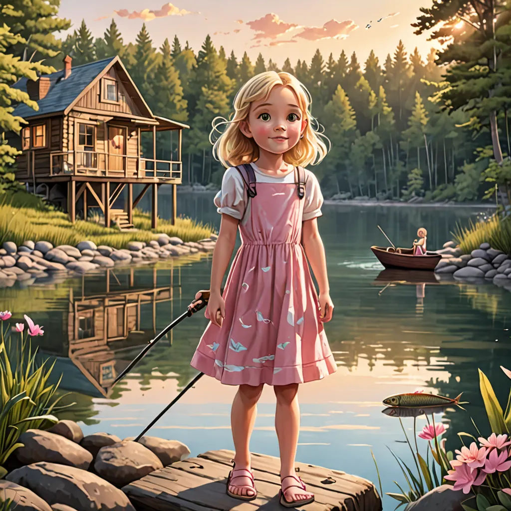a painting of a girl standing on a dock with a fishing rod in her hand and a boat in the water, american scene painting, a storybook illustration, Bob Byerley, highly detailed digital painting