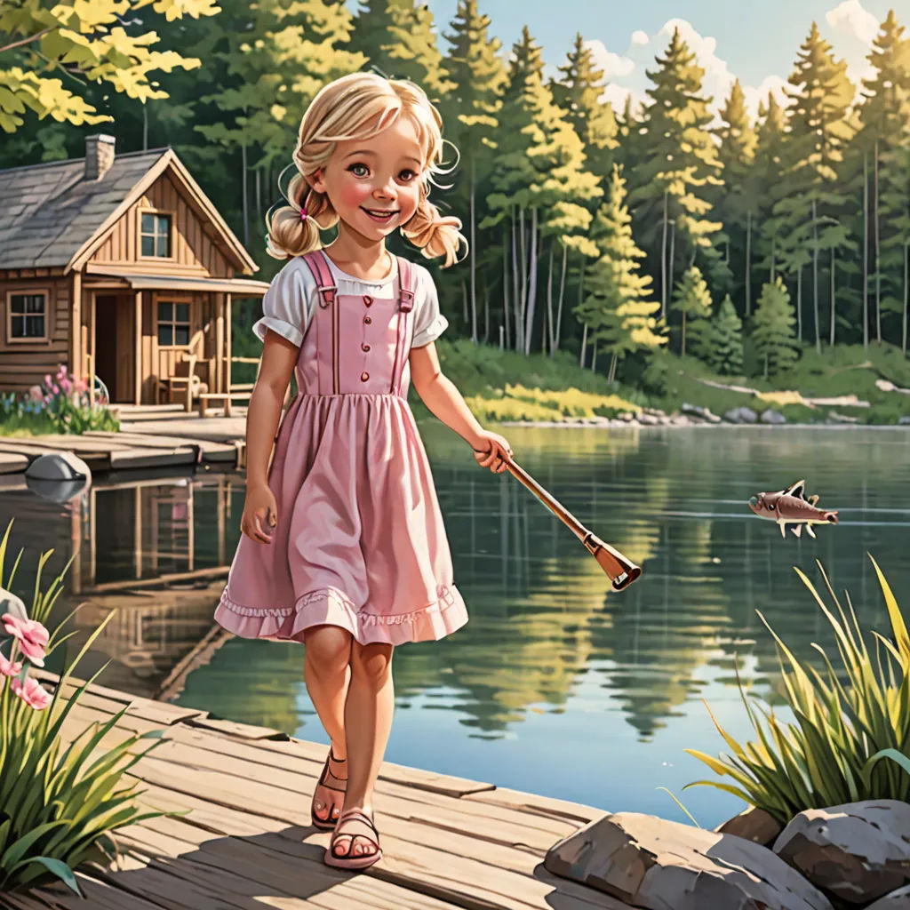 a painting of a girl walking on a dock with a fishing rod in her hand and a boat in the water, american scene painting, a storybook illustration, Bob Byerley, storybook illustration