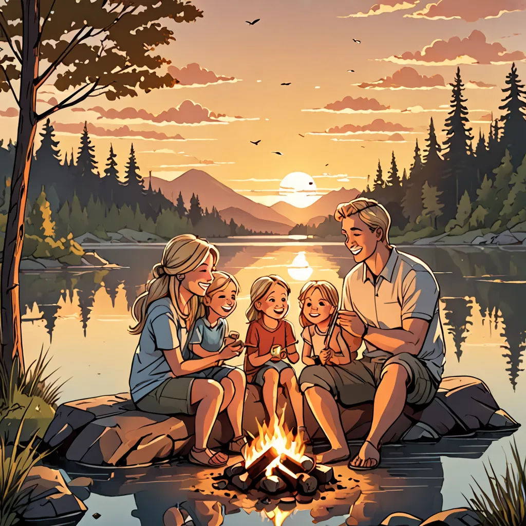 a family sitting around a campfire on a lake at sunset with a lake in the background and a sunset in the background, american realism, a storybook illustration, Brothers Hildebrandt, official art