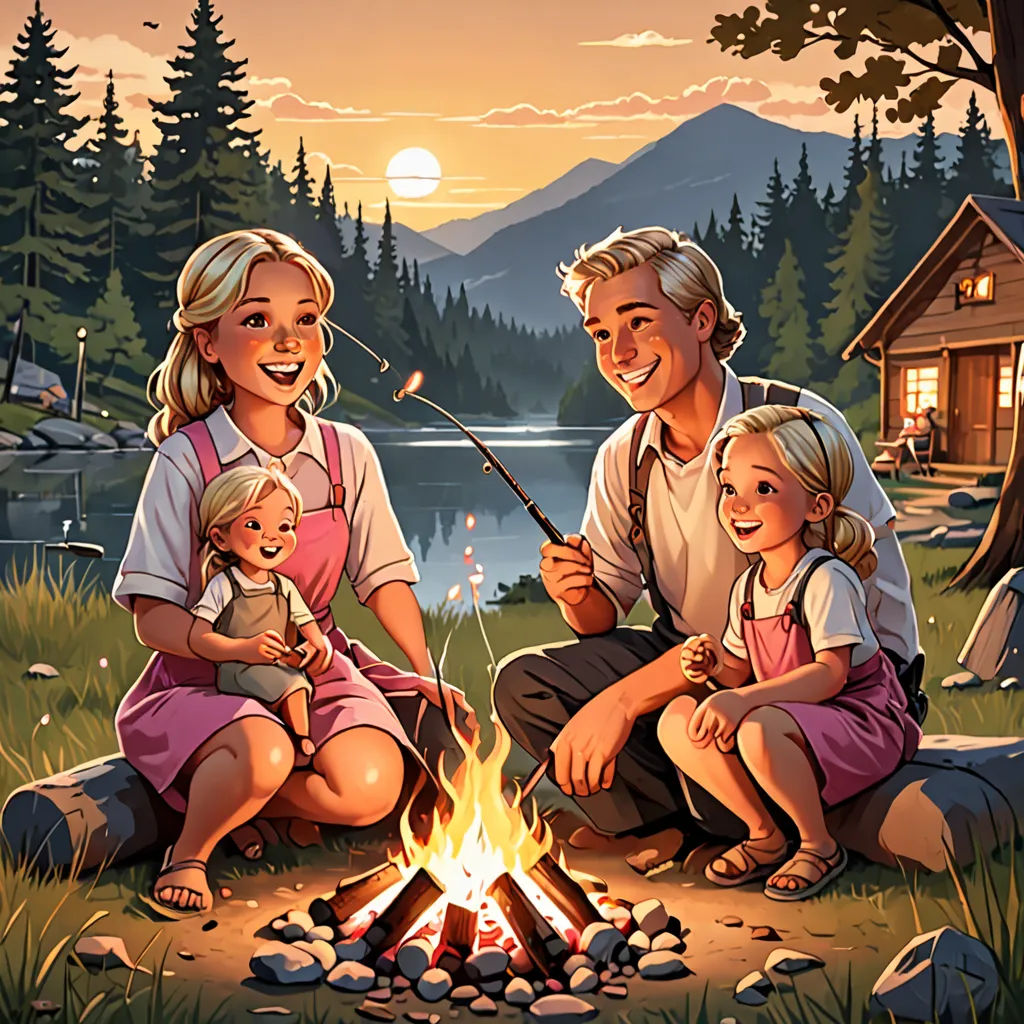 a family sitting around a campfire with a campfire in the background and a lake in the foreground, socialist realism, a storybook illustration, Brothers Hildebrandt, official art