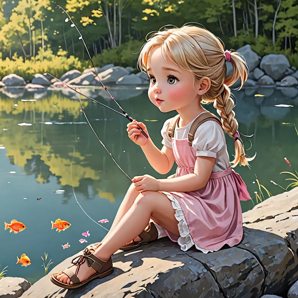 a little girl sitting on a rock next to a lake holding a kite in her hand and a fish in her mouth, fantasy art, a detailed painting, artist, detailed painting